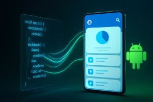 Flutter Dart code transforming into Android app interface visualization - CodeScapeBD professional development process